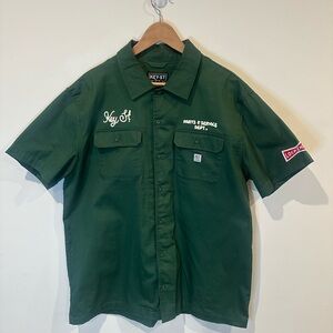 KEY-ST Men's Green Short Sleeve Button-Up Shirt Embroidered Parts & Service L